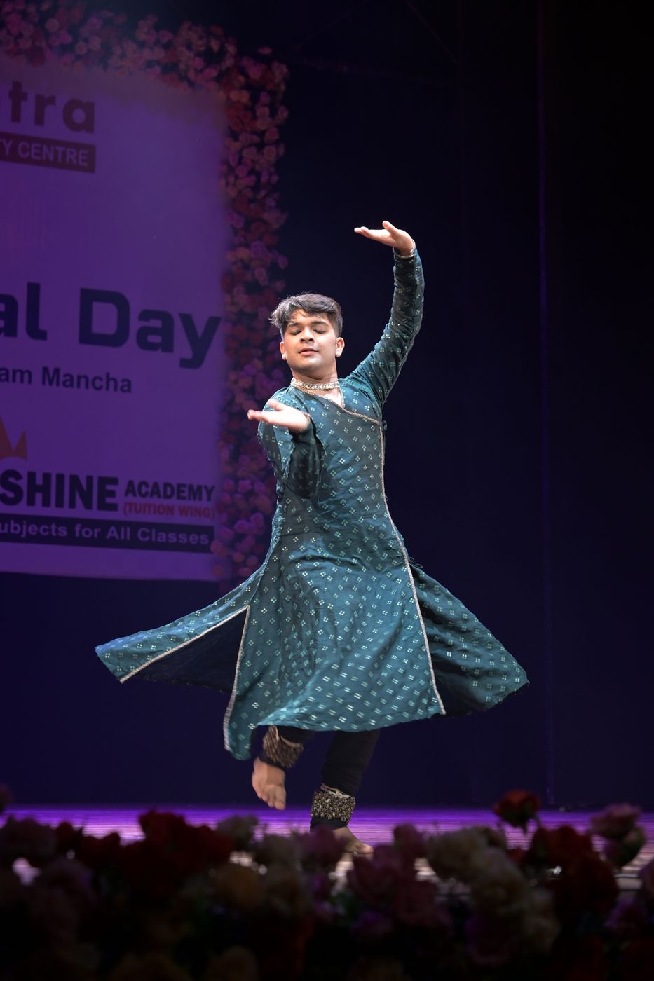 Kathak dancer spinning, skirt flaring outward