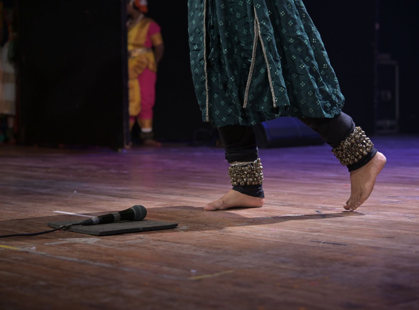 Close-up of a Kathak dancer’s feet and ghungroo anklets